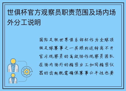 世俱杯官方观察员职责范围及场内场外分工说明