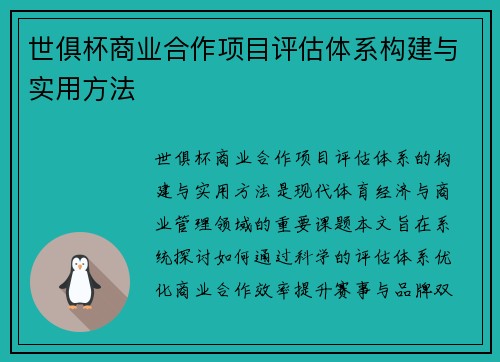 世俱杯商业合作项目评估体系构建与实用方法